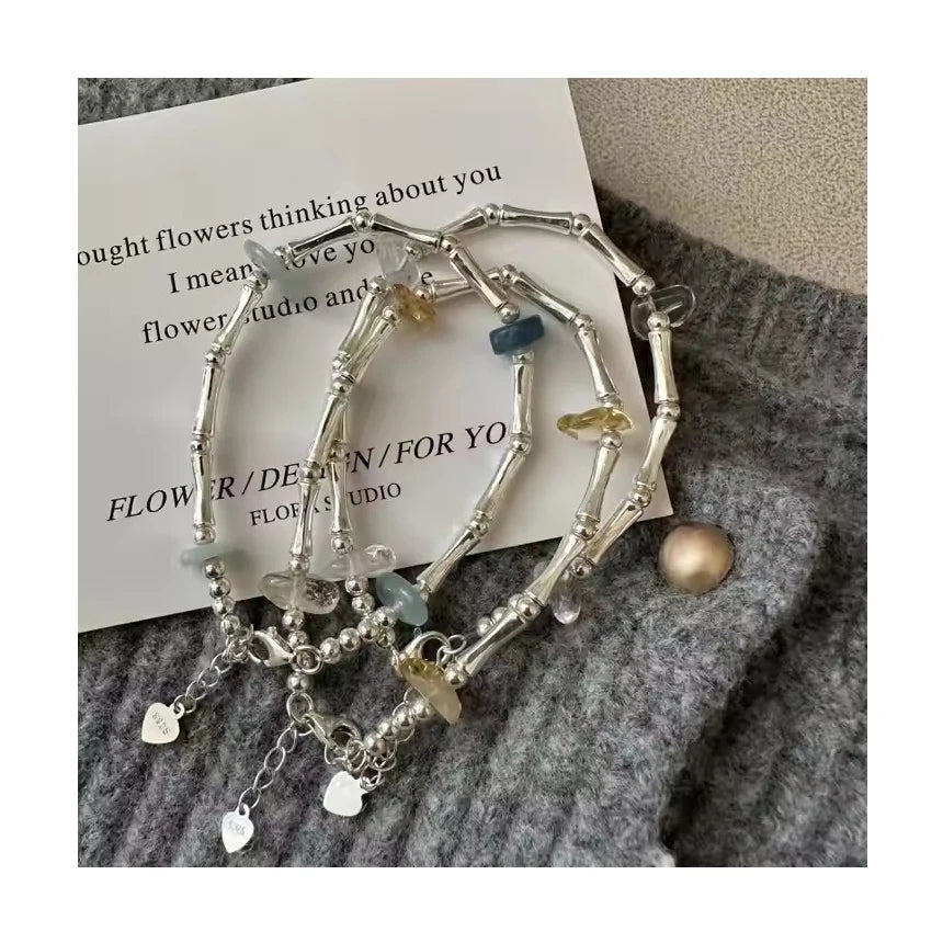 Vintage 925 Sterling Silver Handmade Bamboo Shape Tube Natural Crystal Beads Beaded Bracelet for Women Fine Jewelry