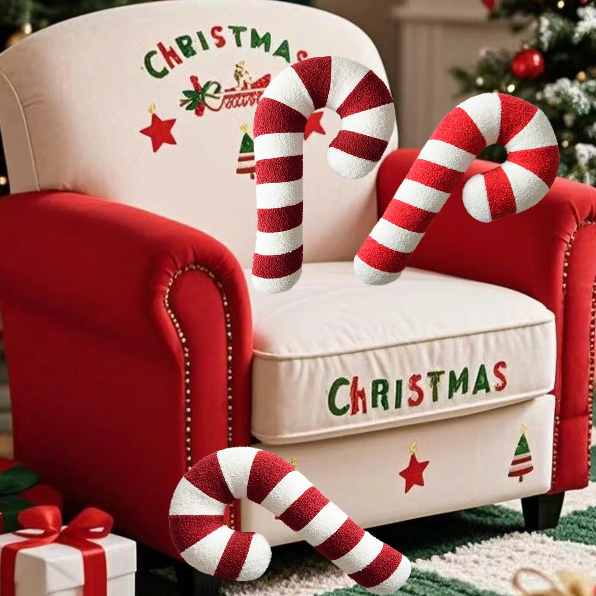 Festive Christmas Candy Cane Pillow Ultra Soft Plush Red White Striped Cozy Cushion for Sofa Bed Living Room Reading Bed Rest