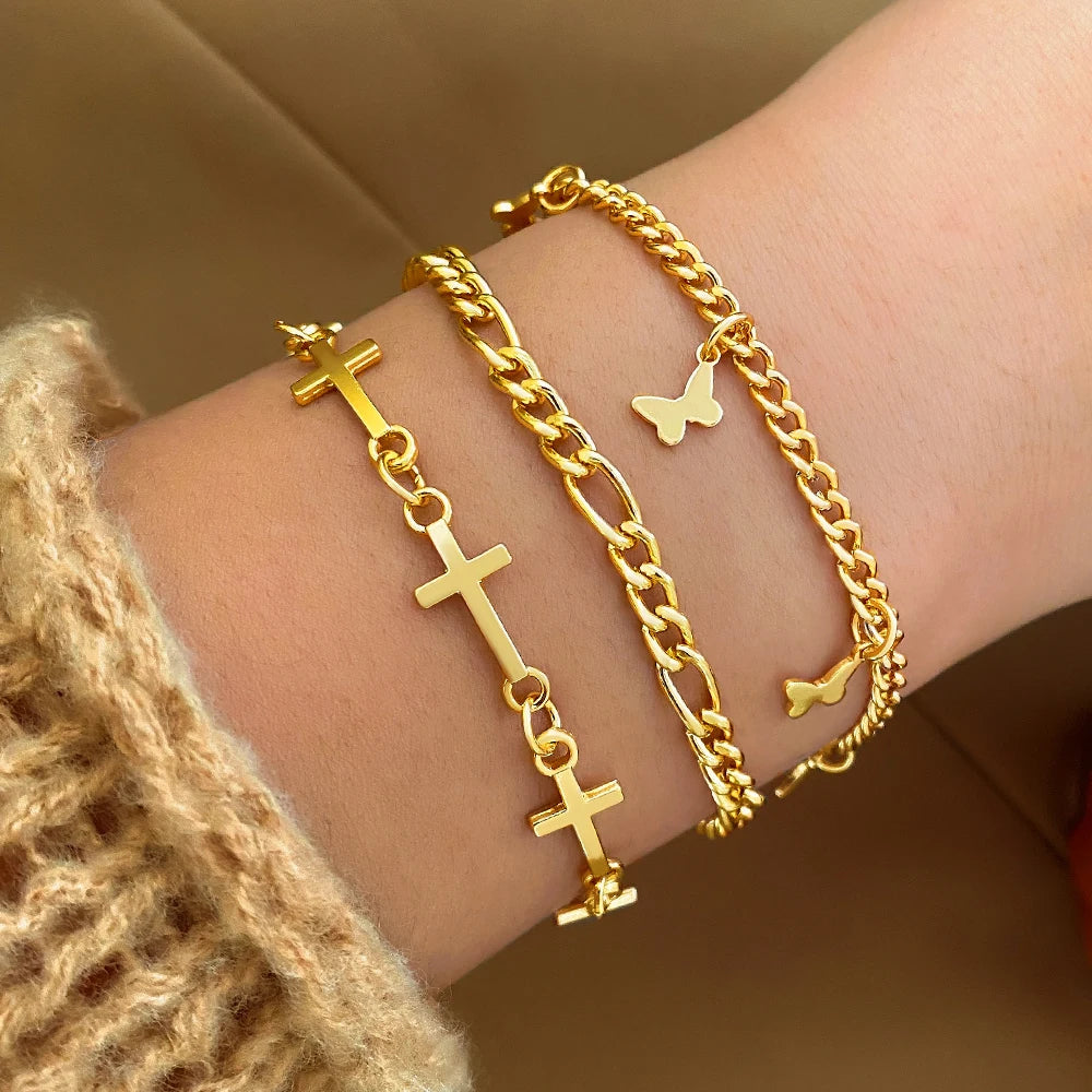 VKME 3pcs Fashion Gold Plated Cross Butterfly Bracelet Set for Women Jewelry Wholesale