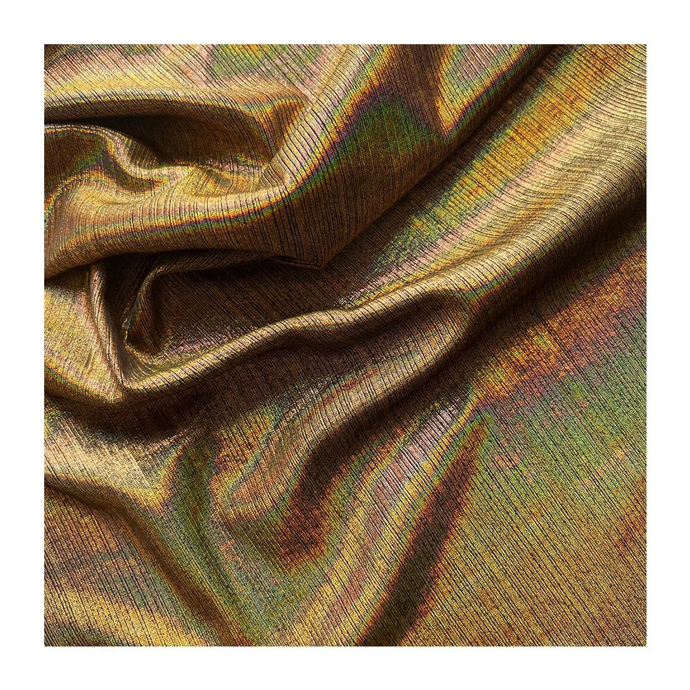 Eco-friendly New Design Gold Shiny Stripe  Holographic Glitter Ribbed Stretch Metallic Crinkle Foil Gold Fabric for Party Dress