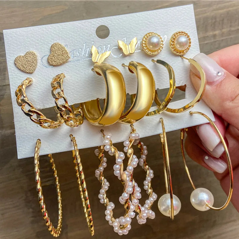 9pcs/sets Moon Butterfly Earring Set Hoop Earrings Set Trendy Accessories Jewelry Gold Circle Bamboo for Women Vintage Pearl NR