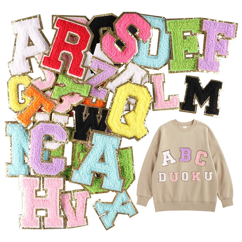 Assorted Bulk Phnom Penh Glitter Chenille 8cm or 5.5cm Embroidery Iron on Letter Patch Letter Patch