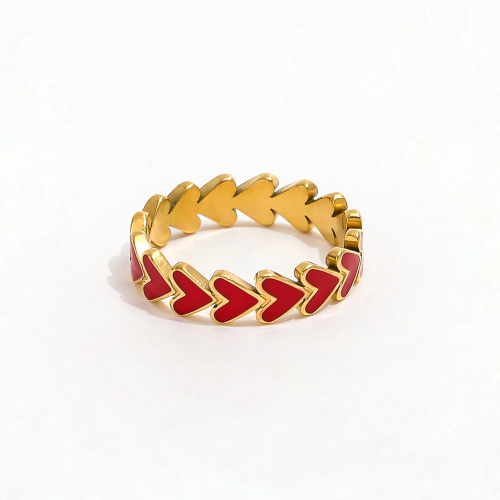 High End 18K Plain Gold Red Enamel Heart to Heart Rings Stainless Steel Trendy Simple Gold Plated Jewelry