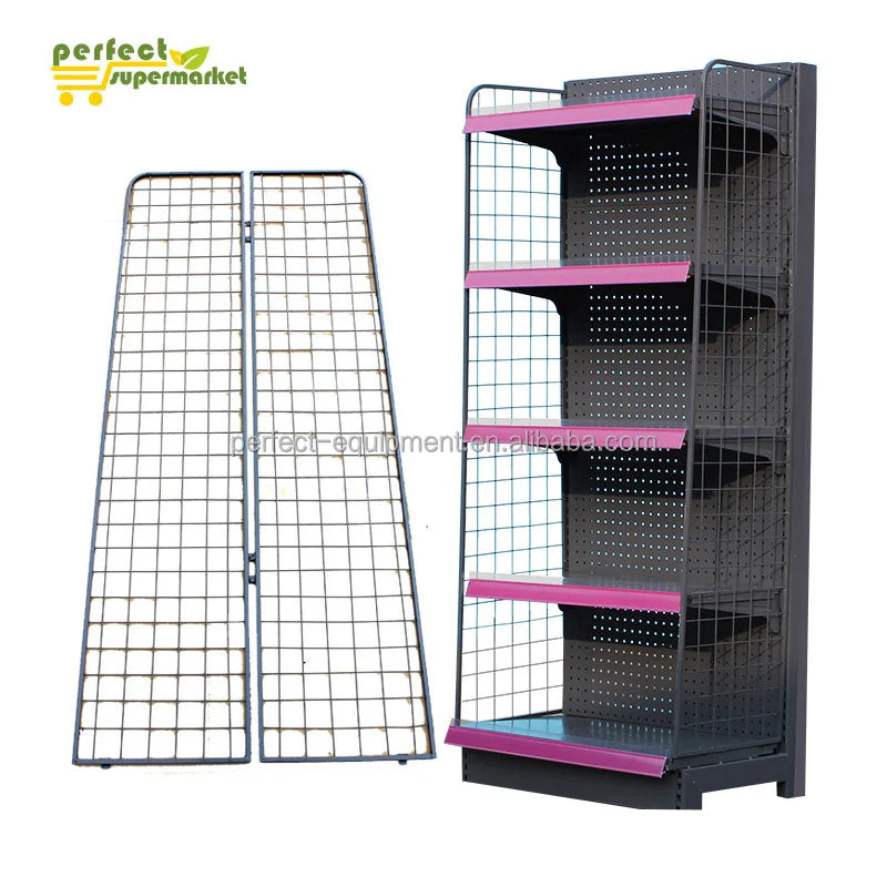Light Duty Steel Grid End Shelf with Net Side for Supermarket Pharmacy Convenience Store Grocery Shelves