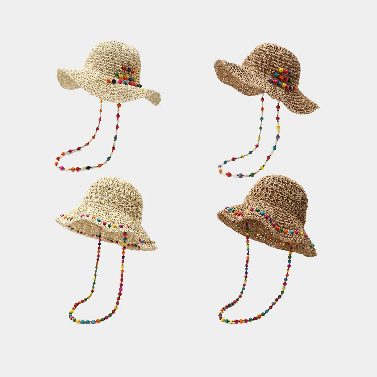 Wholesale New 2025 Women Summer Sunshade Hat Trendy Wooden Beads Big Brim Straw Bucket Hat for Casual Holiday Beach