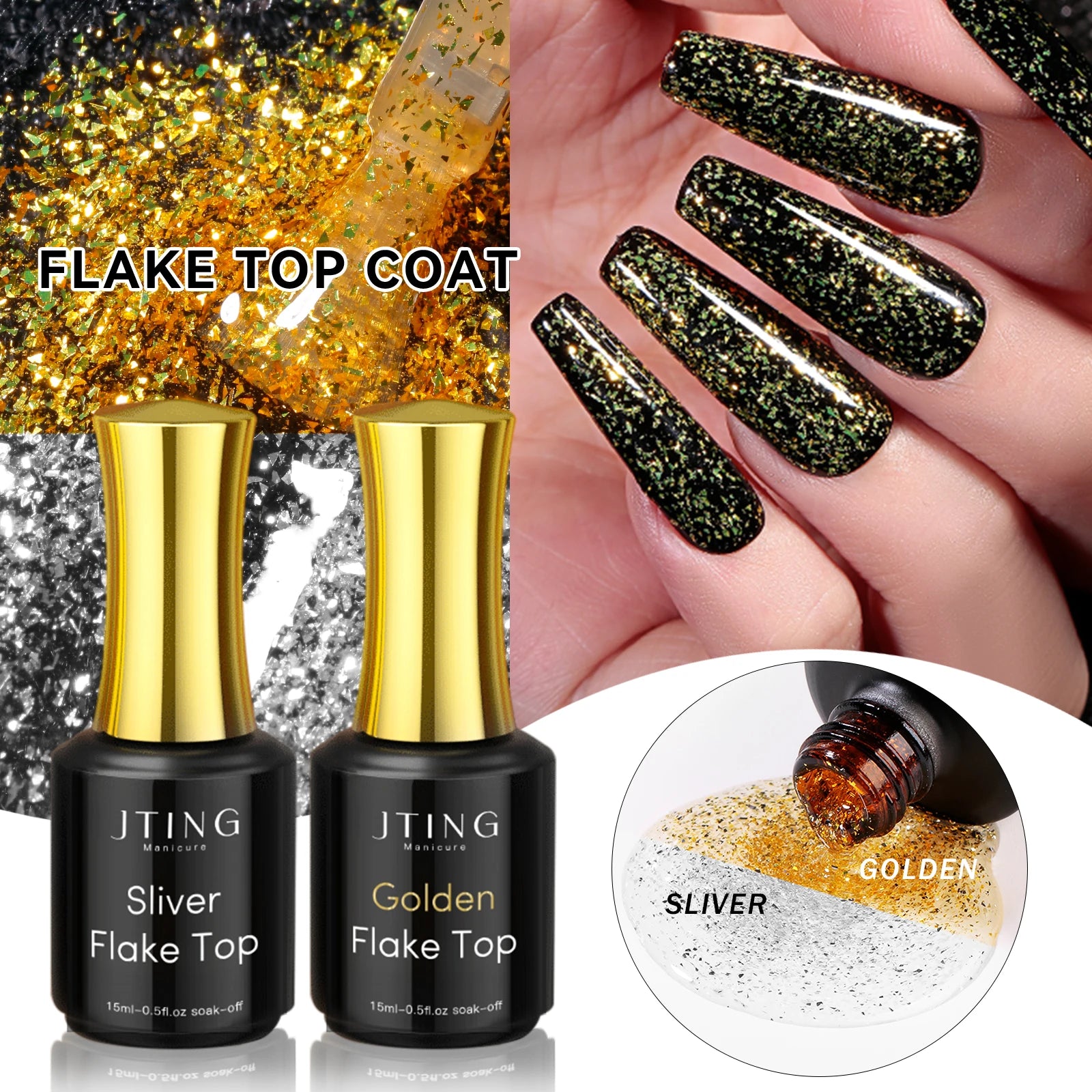 JTING Hot Popular Gold Silver Foil Flake Top Coat Gel Polish OEM ODM Private Label Flake Nail Gel Esmaltes En Gel Efecto Flake