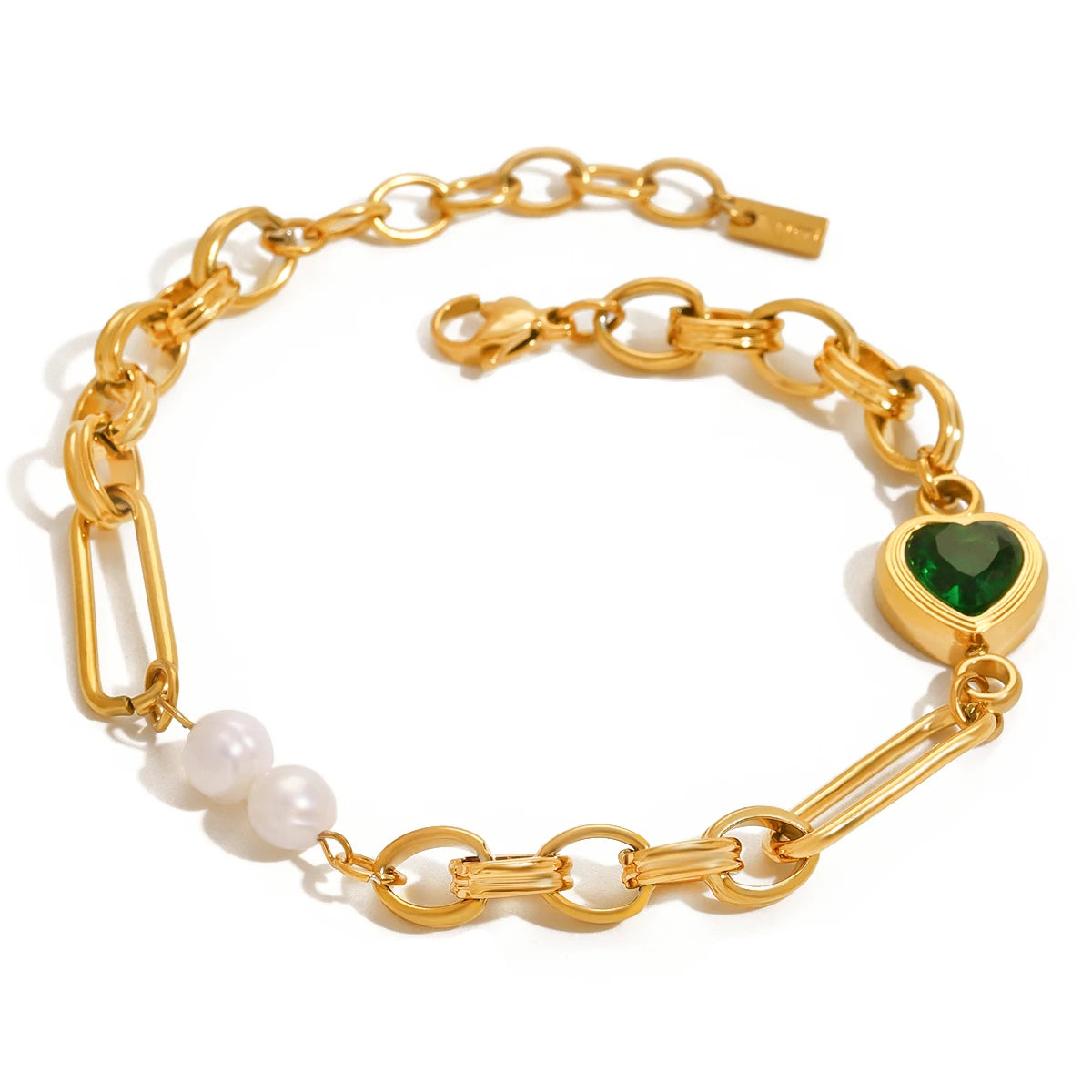 J&D Dainty 18k Gold Stainless Steel Pearl and Water Drill Freshwater Pearl Green Heart Bracelets