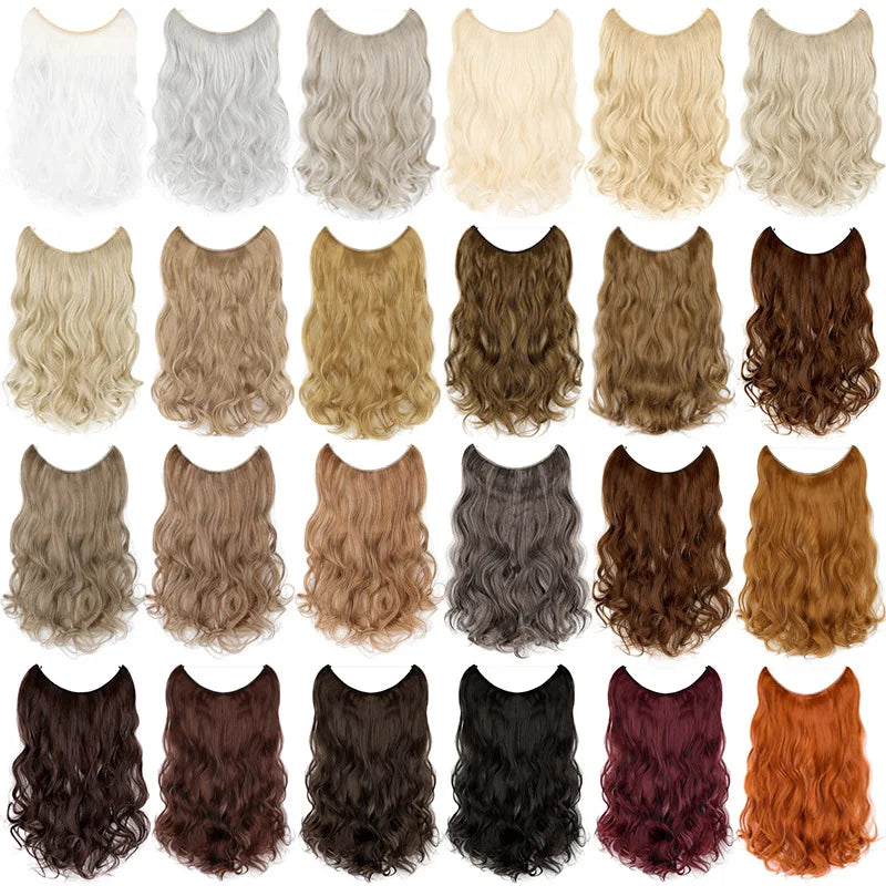 Synthetic Fiber 18inch 80g Natural Long Curly Body Wave Invisible Fish Line Hair Extensions No Clip Hairpiece