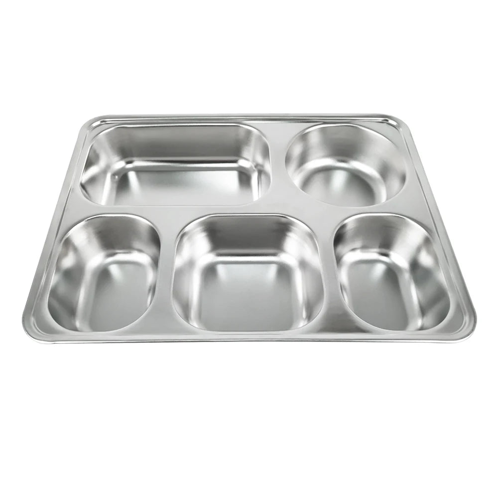Food Grade 304 Stainless Steel Lunch Tray School Canteen Divided Dining Plate With Lids