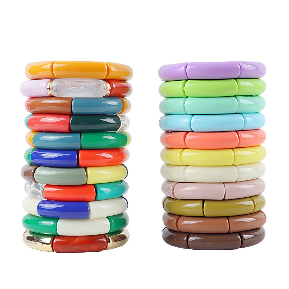 Fashion Colorful Custom Multicolor Lucite Beaded Bracelet Jewelry Elastic Resin Acrylic Bamboo Tube Beads Bracelets 2024 Women