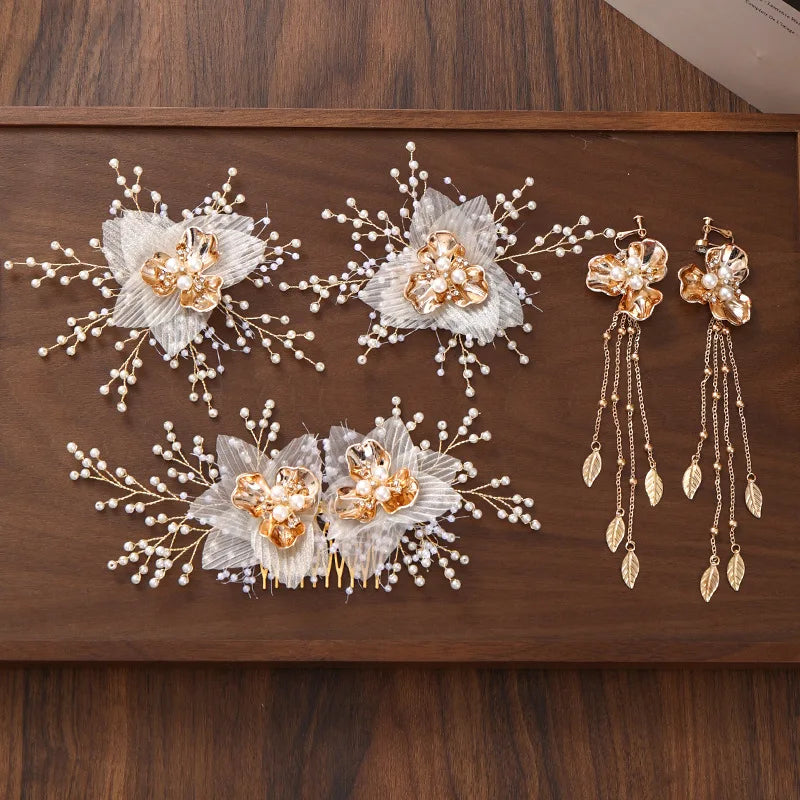 Silk Yarn Pearl Bridal Handmade Hair Comb Earrings Set Korean Wedding Headpiece Hair Jewelry Accessories