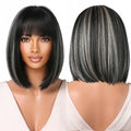 Factory Outlet Black Blonde Highlights Bob Synthetic Wigs with Bangs Short Straight Daily Natural Wig for Women Stripe Color