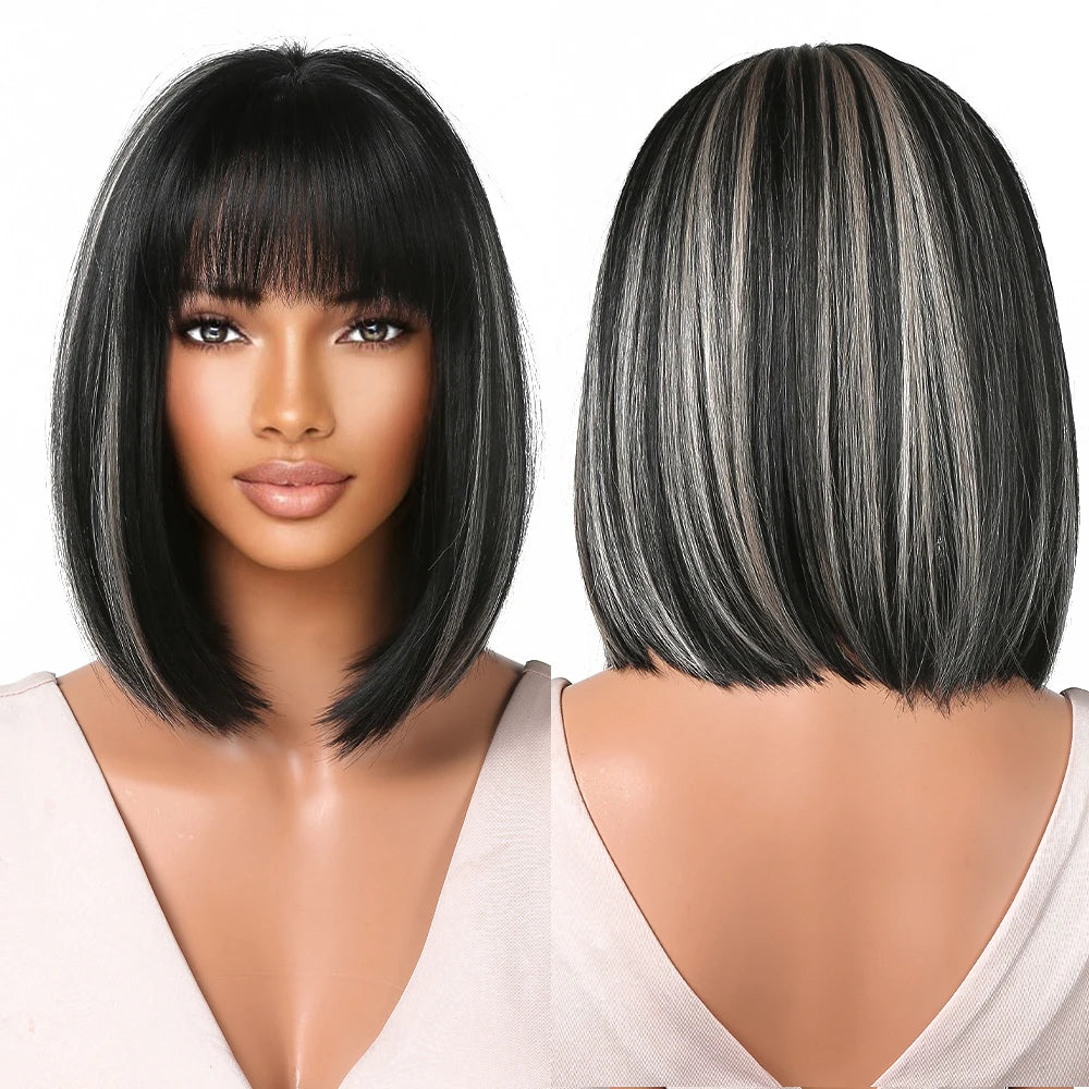 Factory Outlet Black Blonde Highlights Bob Synthetic Wigs with Bangs Short Straight Daily Natural Wig for Women Stripe Color