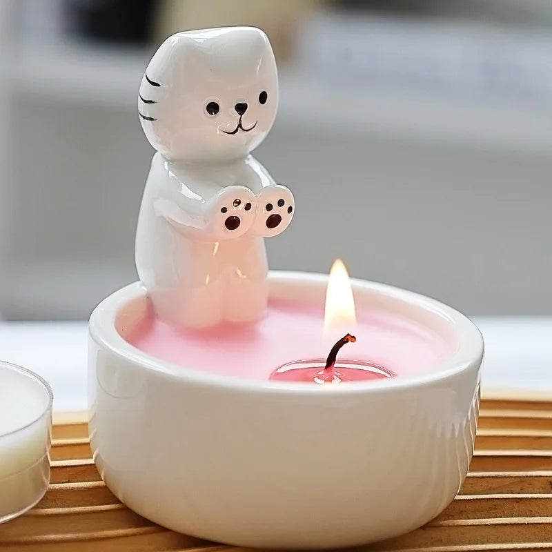 Creative Ceramic Cat Christmas Tree Candle Holder Resin Paws Warming Scented Tea Light Holders Home Decor Cat Ornament