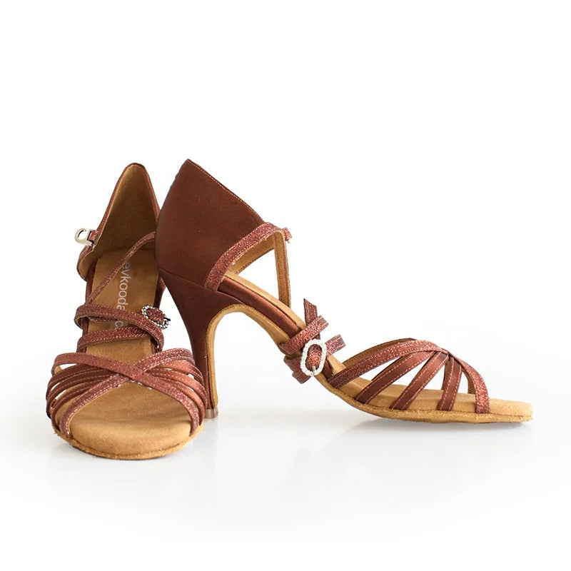 New Arrival Latin Dance Women's Satin Salsa Ballroom Shoes Dark Brown with Glitter 7cm Heel US Size 4-12