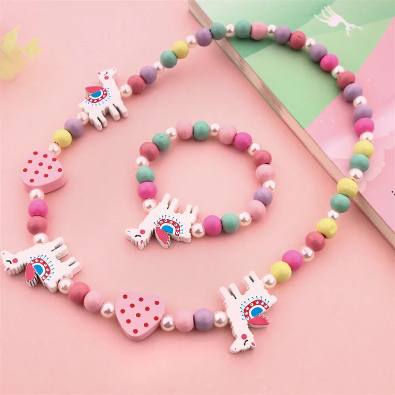 Ins Hot Selling Wooden Children's Jewelry Set Trendy Cartoon Beaded Colored Rainbow Beads Bracelet Necklaces Party Wedding Gift