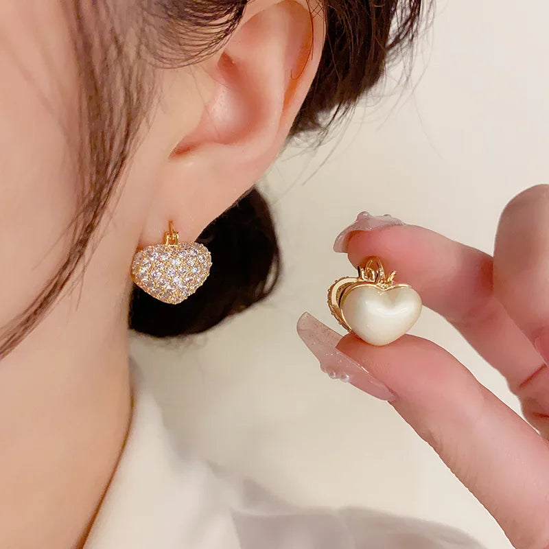 Hypoallergenic Needle Heart Pearl Stud Earrings Double Side Earrings for Girls Zircon Accessory for Women Gold Plated Earring