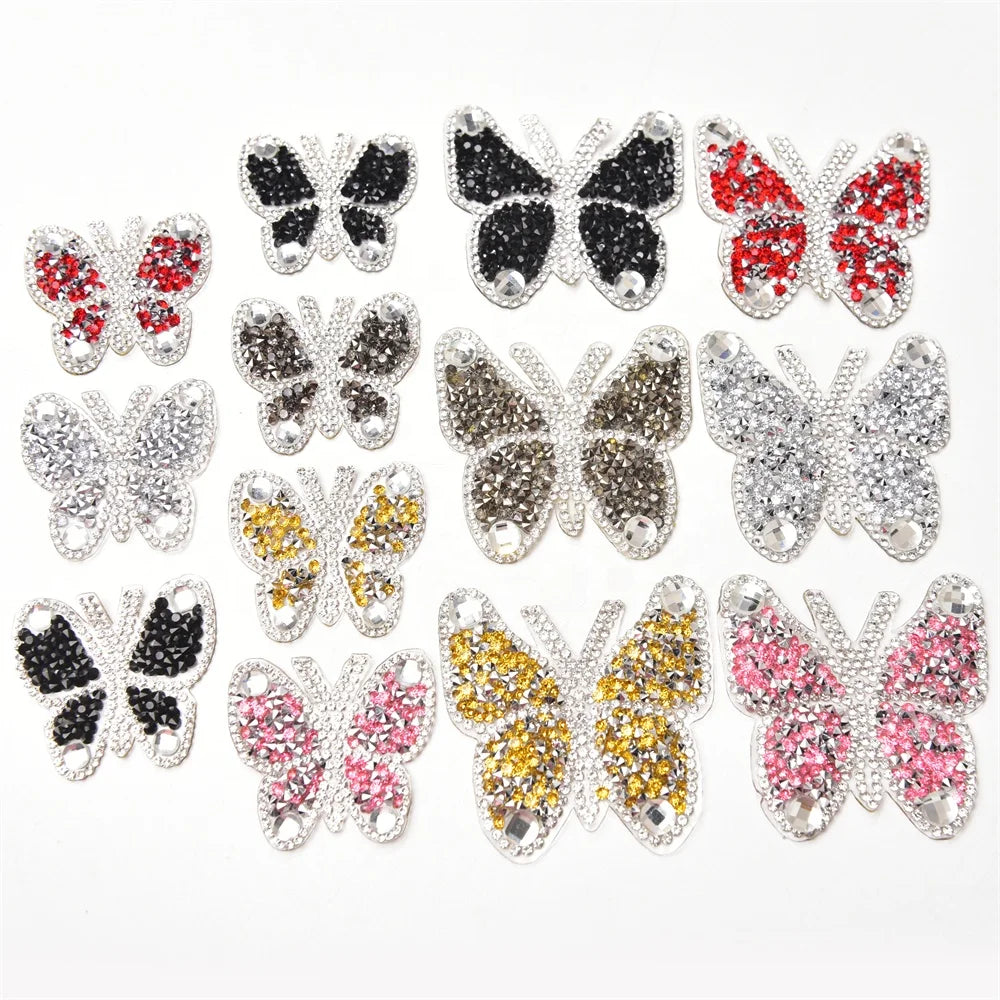 Iron on Resin Crystal Butterfly Applique Strass Motif Hot Fix Animal Shape Rhinestone Patches Diy Kid Clothes T-Shirt Decoration
