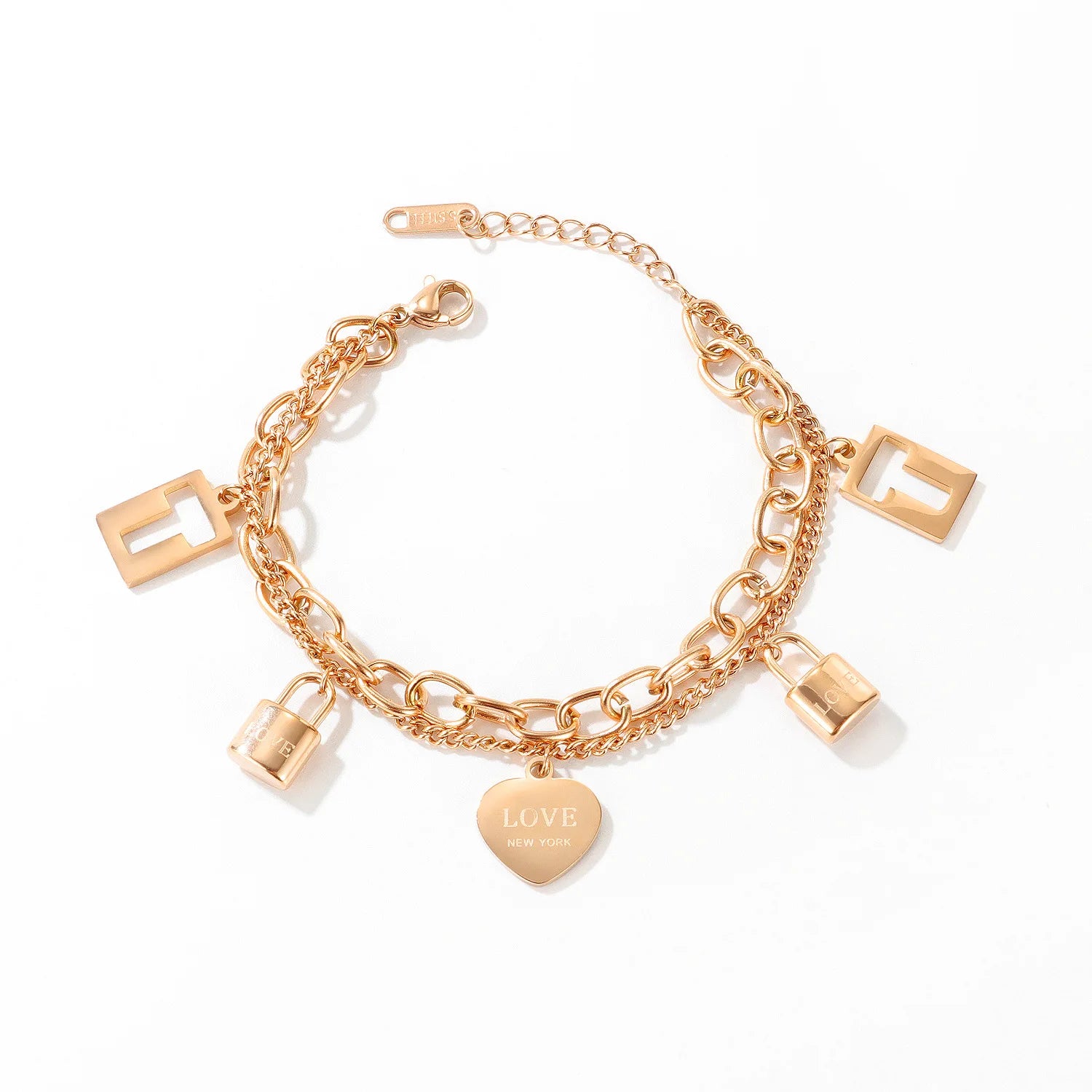 Casual High End Rose Gold Plated Stainless Steel Titanium Double Layer Design Concentric Lock Love Pendant Chain Bracelet Women