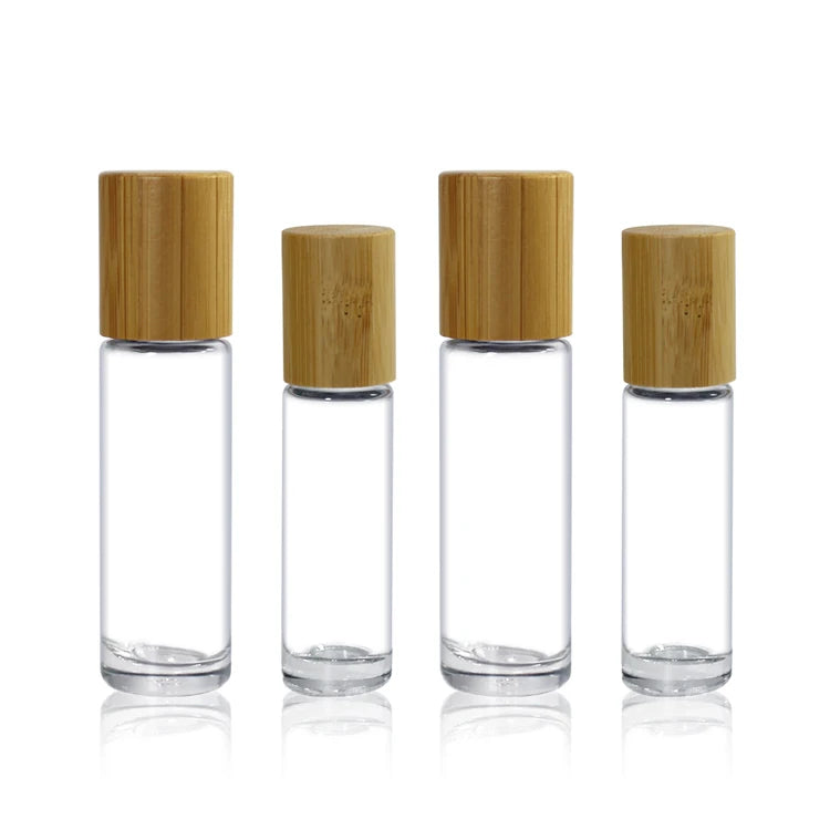 Custom Deodorant Perfume Glass Wood Grain Cover Roll on Essential Oil Screen Printing Bamboo Cap 10ML Cosmetic Use