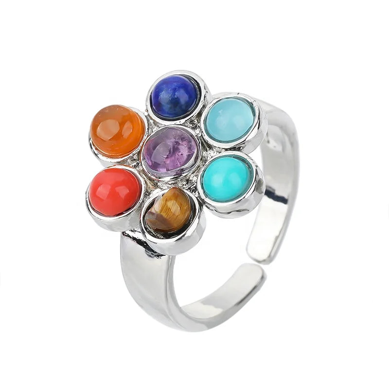 Healing Natural Stones Adjustable 7 Chakra Ring Reiki Gem Stone Jewelry Gift Unisex