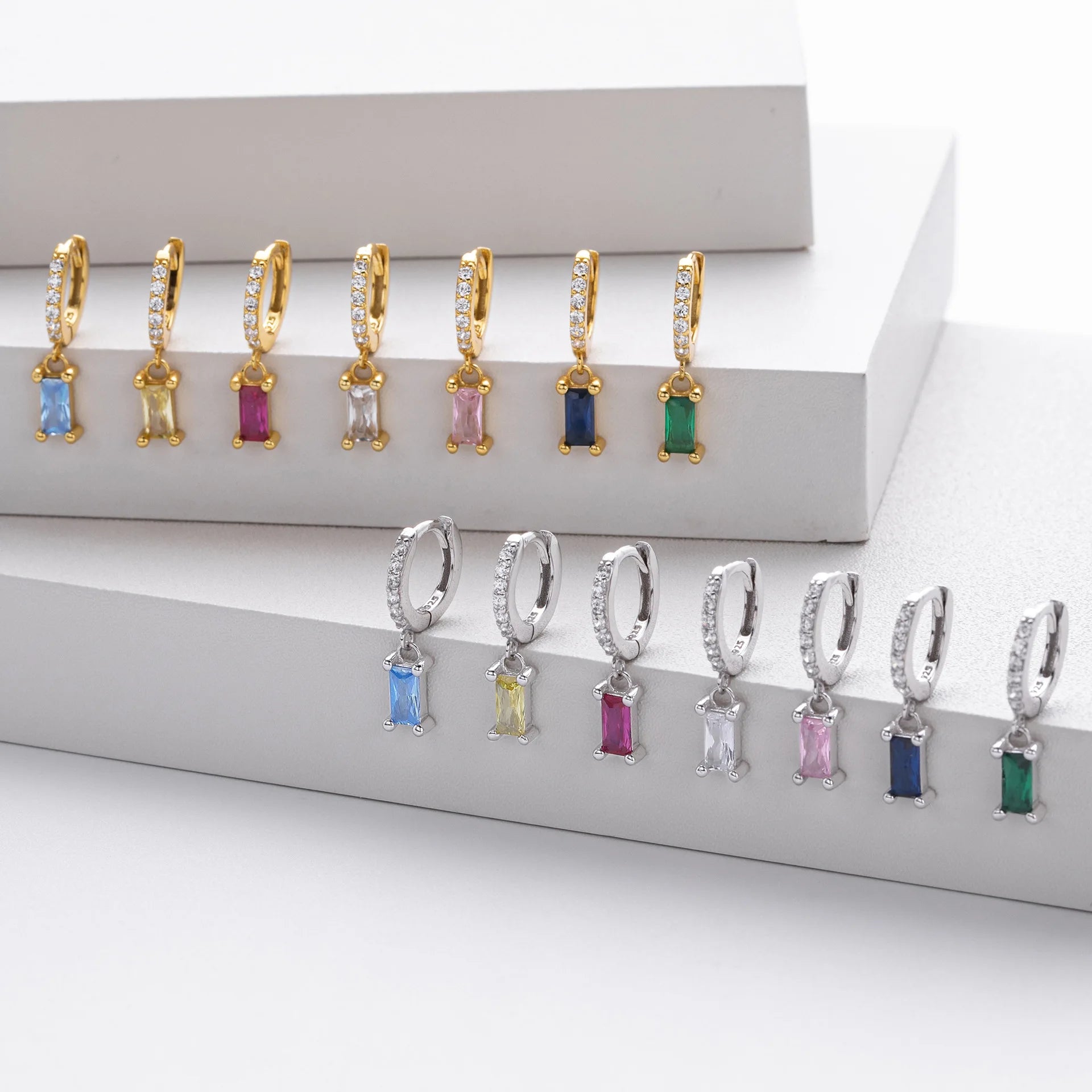 Simple 925 Sterling Silver Simply Bezel Setting Colourful square Zircon Drop Earrings for Women