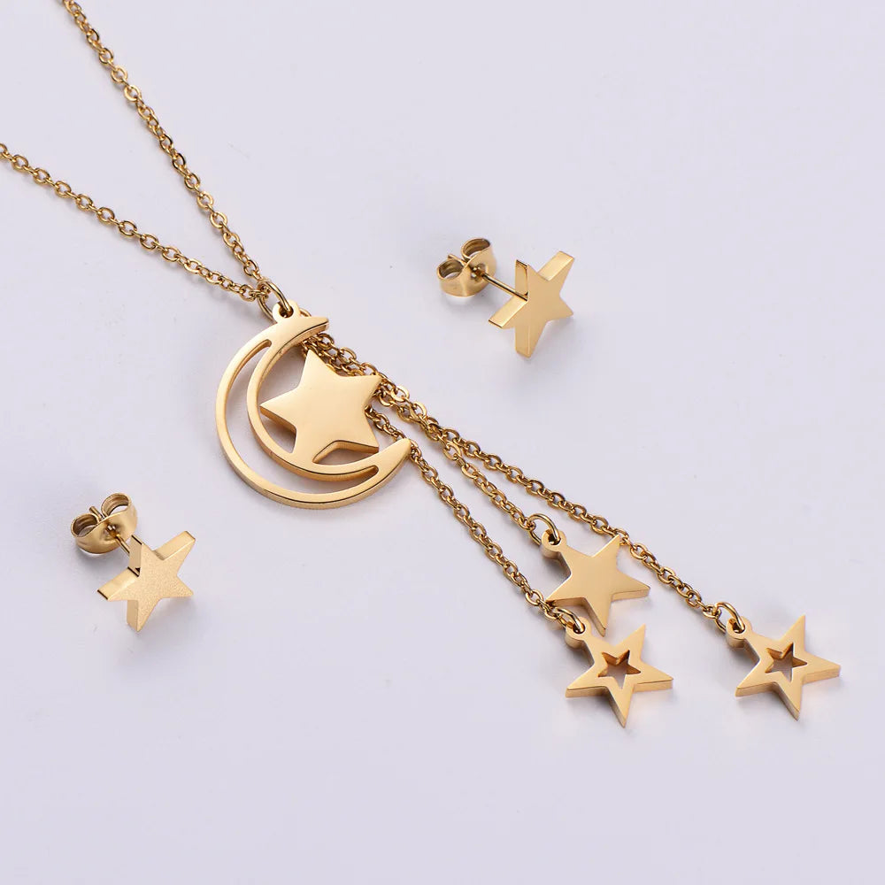 Risingmoon 316L Stainless Steel Earrings 18K Gold Necklace Earrings Necklace Star Moon Jewelry Sets for Women