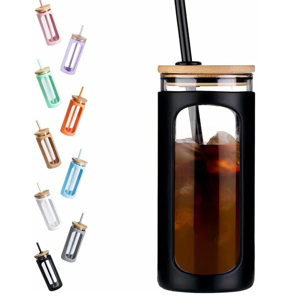 20oz 600ml BPA Free Colored Wide Mouth Glass Water Tumbler Straw Bamboo Lid Leak-Proof Protective Silicone Sleeve for Coffee