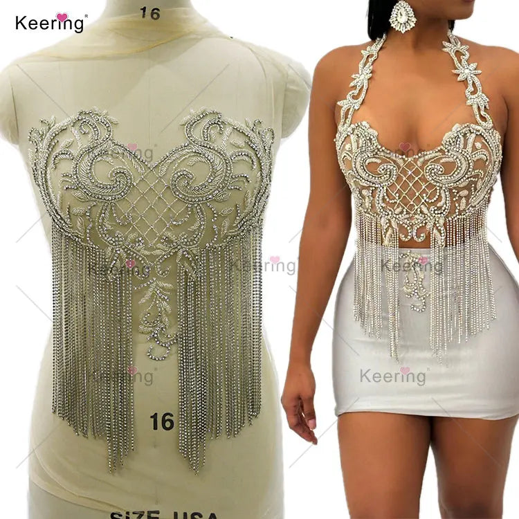 WDP-483 New Design Silver Bodice Applique With Rhinestone Applique for Rhinestone Crystal for Wedding Dress Accessories
