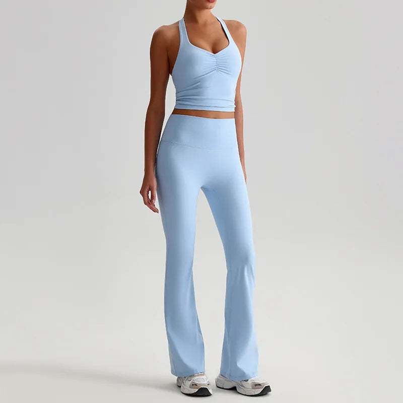 Women's High Waist Flare Pants Tops Set Stretchy Lightweight Quick Dry Breathable Yoga Sports Wear Spandex Lining 2 Piece MOQ