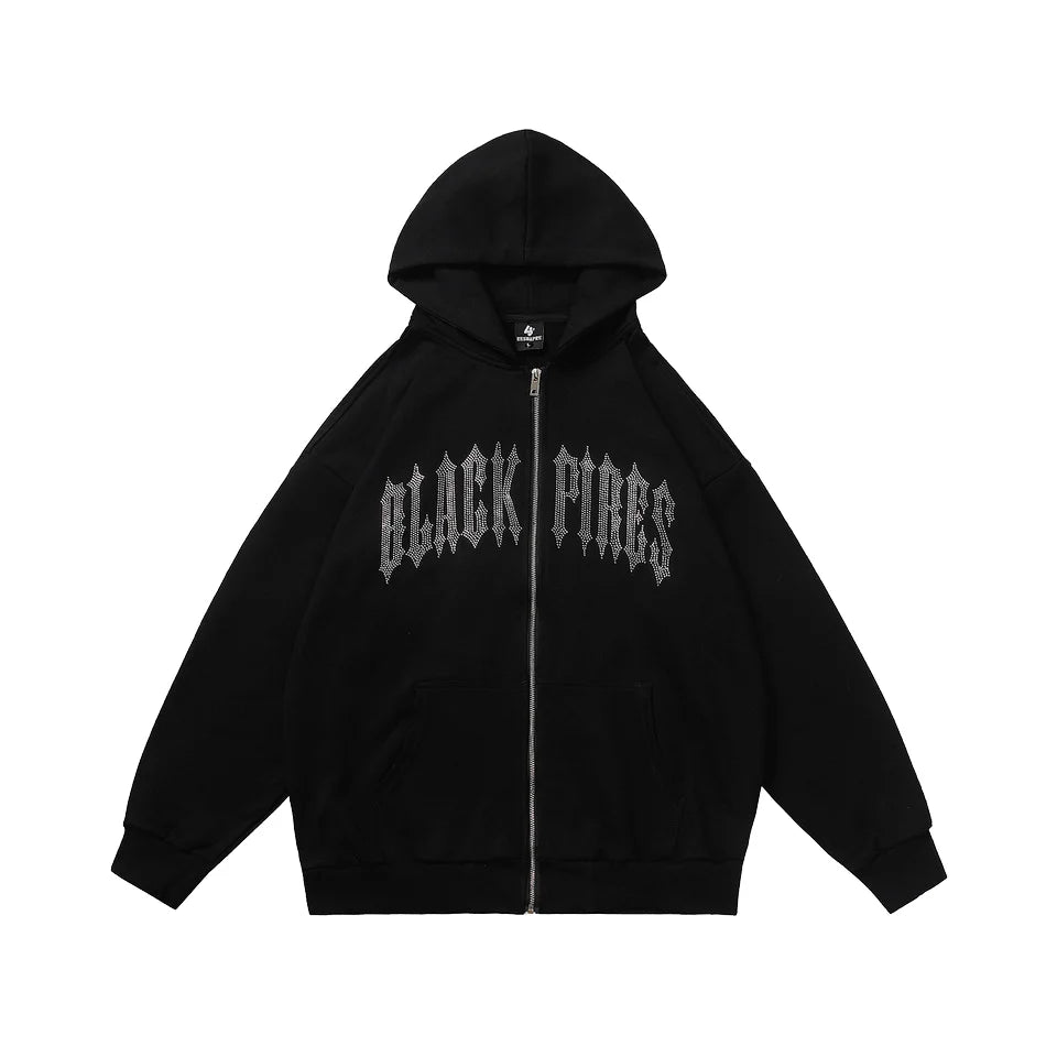 High Quality Customizable Zip Hoodie Streetwear Rhinestone Zipper Puff Technique Oversized XS French Terry Fleece Material 3D