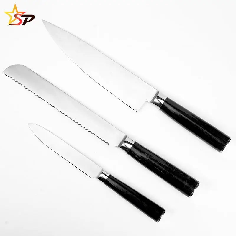 Stainless Steel 3Cr13 Hammered Pattern Professional Kitchen Knife Set with Pakka Wood Handle Three-piece Ambidextrous Set