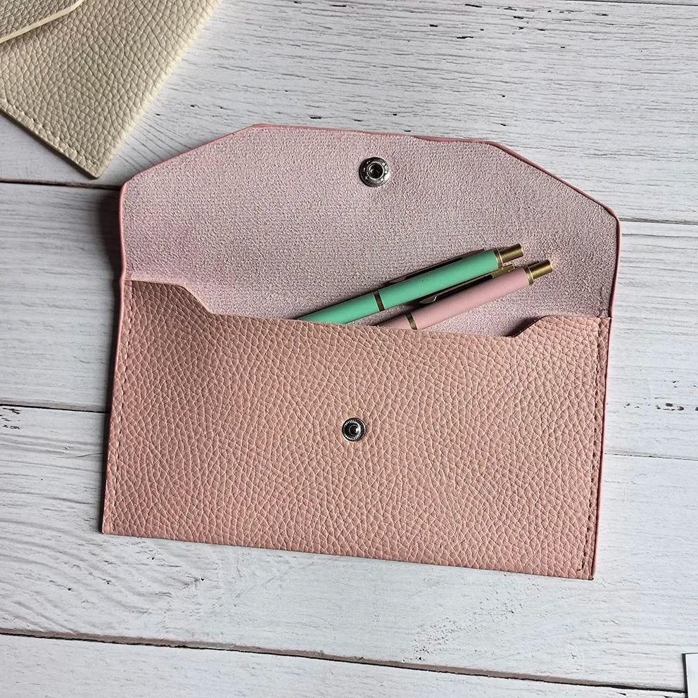 Wholesale Custom Personal Size Travel Portable Beige Black Pu Leather Wallet Snap Closure Money Cash Envelope Pouch Bank Bag