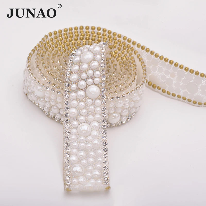 JUNAO 5 Yards*18mm Pearl Ribbon Glitter Crystal Stones   Hotfix White Rhinestones Trim Mesh