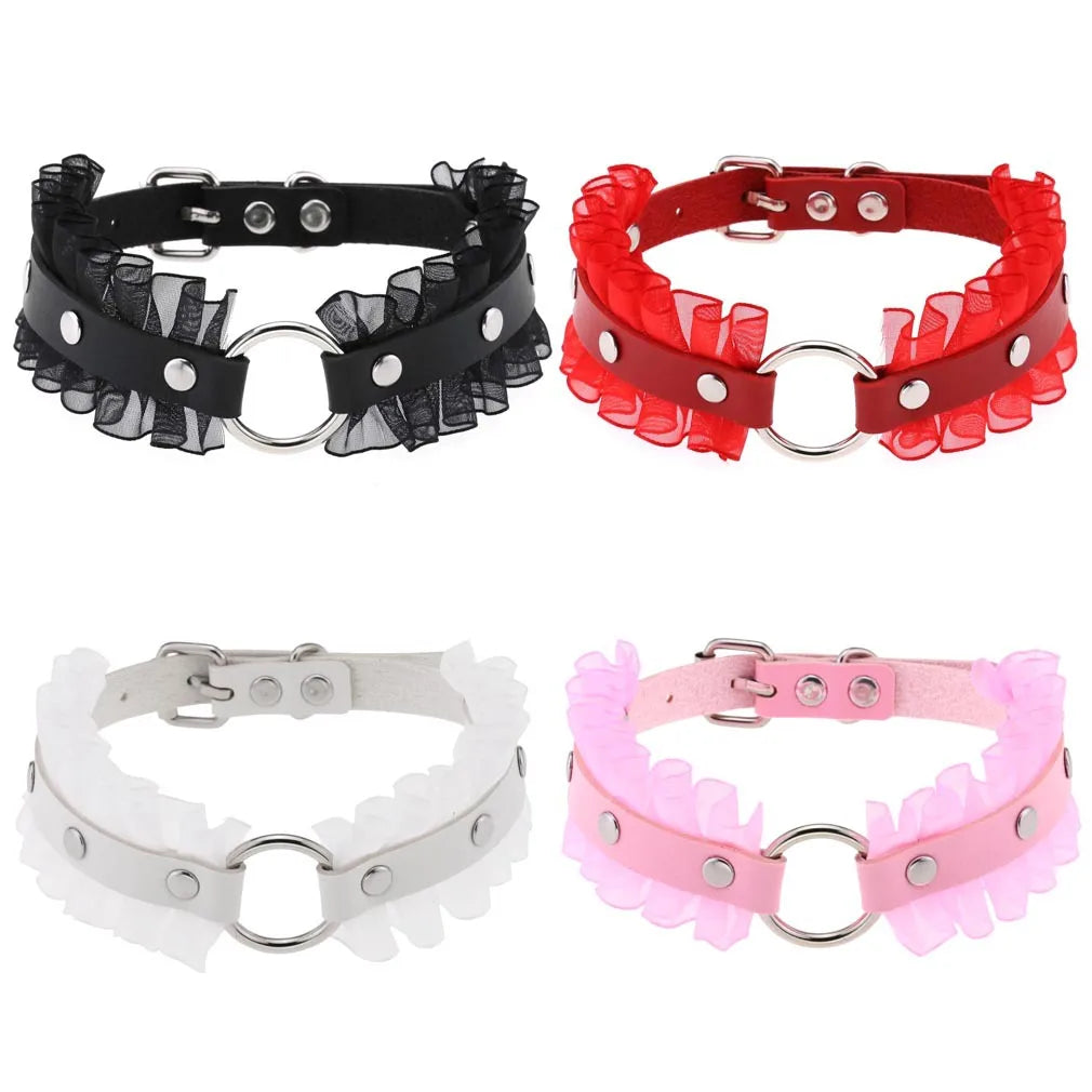 New Design Women Punk Harajuku Lace  PU Leather O Ring Collar Clavicle Choker Girls Adjustable Choker Necklace