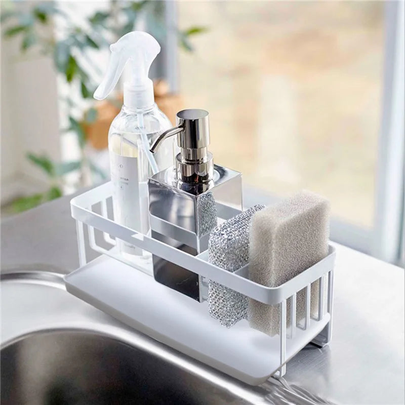 Metal Double Tier Kitchen Sink Sponge Holder Soap Dispenser Caddy Organizer Countertop Soap Dish Rack Drainer with Drain Tray