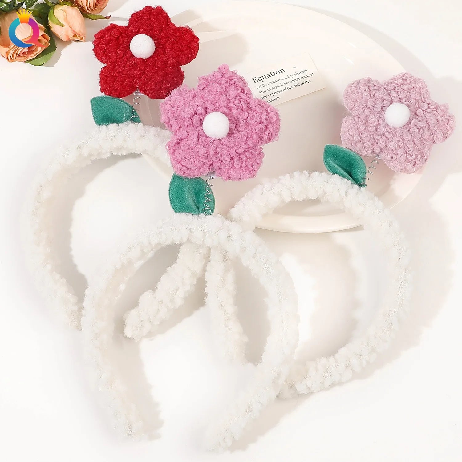 QIYUE Lamb Hair Flower Headband Cute High Cranial Top Knitted Headband Flower Headband Sweet Hair Accessories for Women