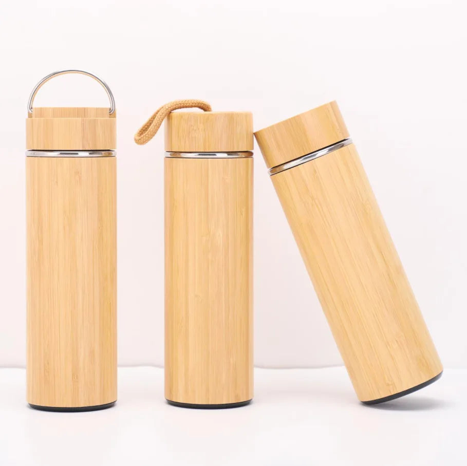 Portable Stainless Steel Water Bottle With Tea Infuser Thermos Vacuum Flasks Bamboo Shell Lid With Handle Novelty Gift 450ml