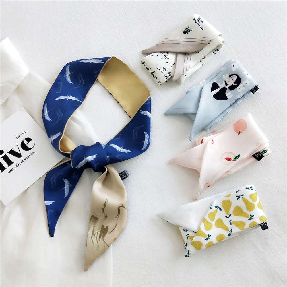 Small Silk Satin Scarf for Women New Fruit Print Handle Bag Ribbons Brand Fashion Head Scarf Long Skinny Scarves