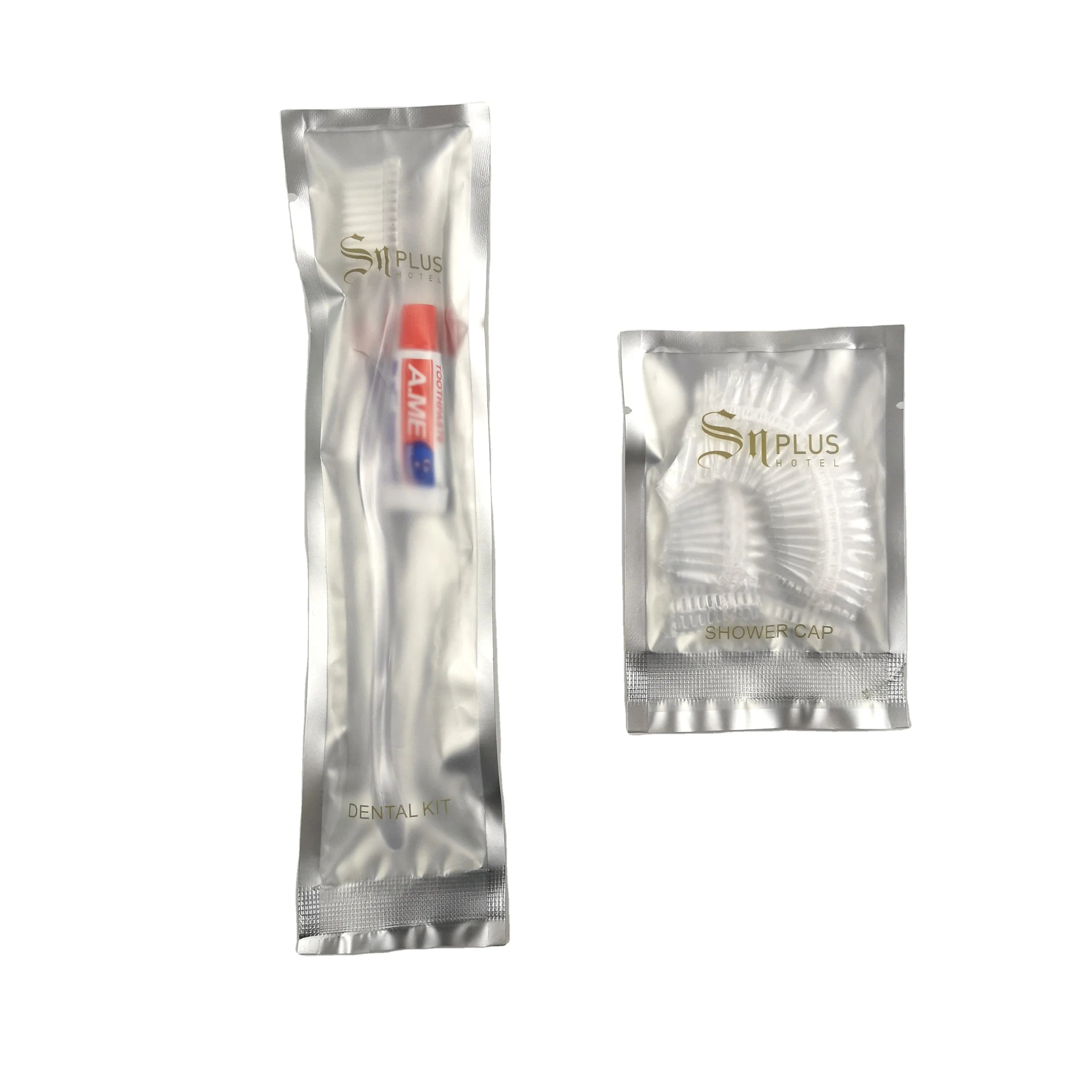 Silvery Sachet Packing Hotel Amenitiest Dental Kit With Shower Cap