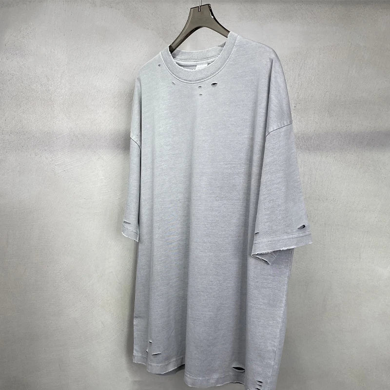 2025 Summer Unisex O-Neck Casual T Shirts 275GSM Acid Wash Retro Distressed Streetwear Ripped Hole Oversized 100% Cotton