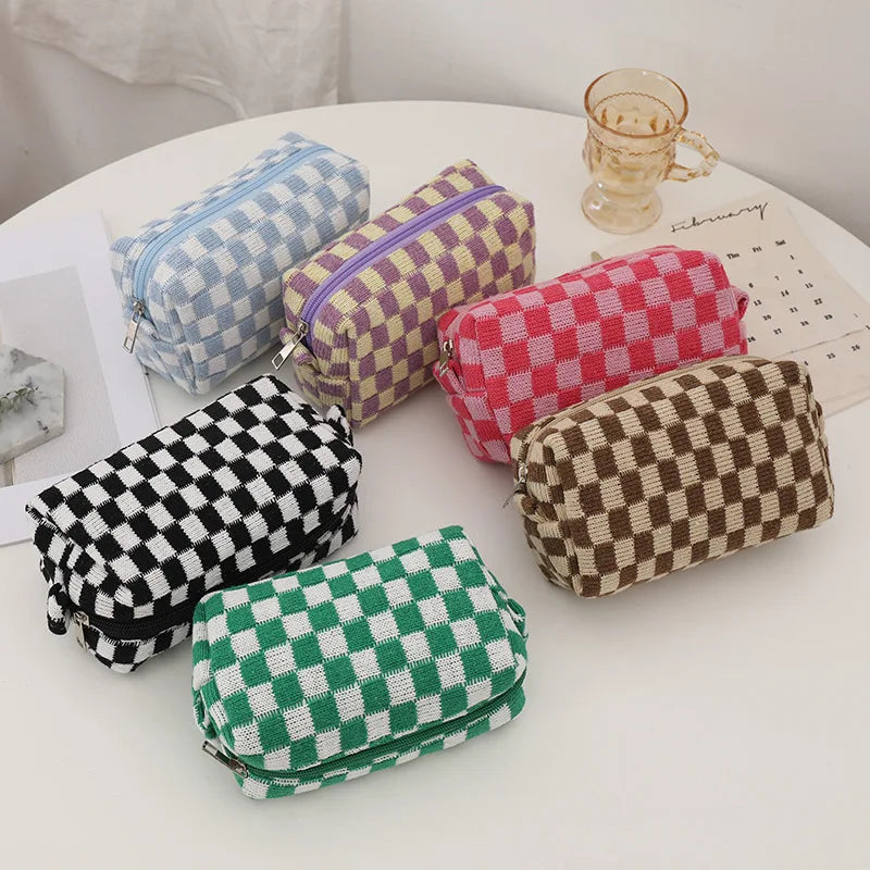 Hot Selling Checkerboard Travel Toiletry Organizer Make up Brushes Storage Case Soft Knitted Lattice Zipper Cosmetic Makeup Bags