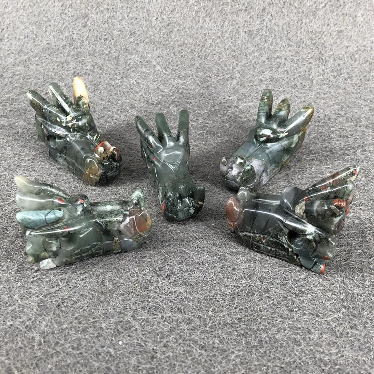 DIY Customized Natural African Blood Stone Crystal Skulls with Fly Dragon on Head
