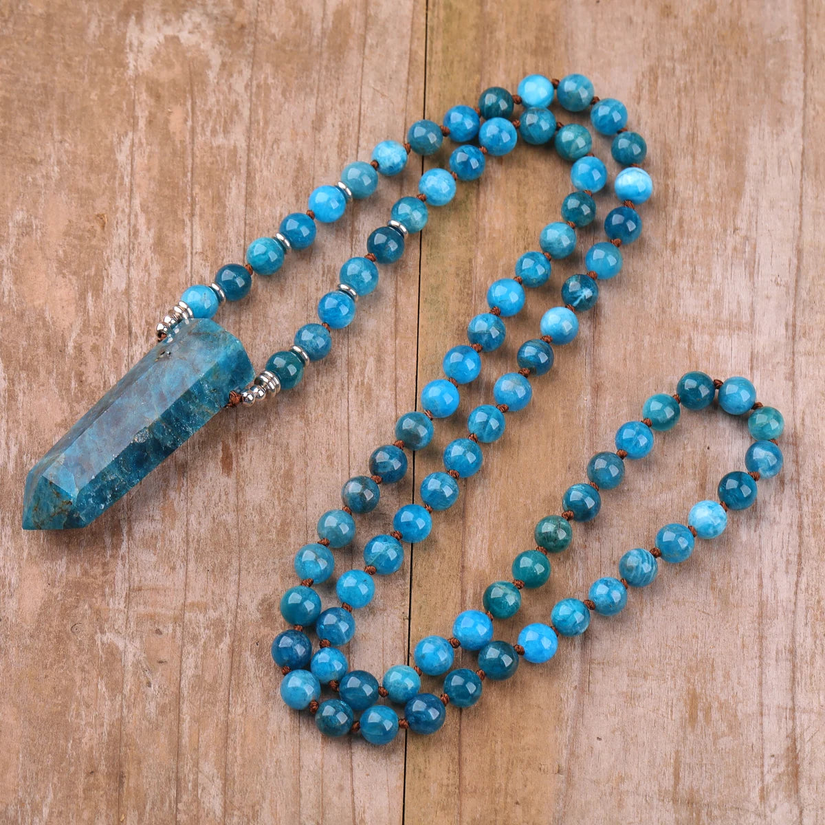 Classic Men's Natural Blue Apatite Mala Necklace Healing Crystal Hexagon Prayer Jewelry for Wedding or Party Gift