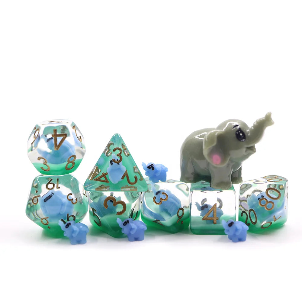 Custom 16mm Resin Polyhedral Animal Blue Elephant Inclusion Dice Set for DND Games