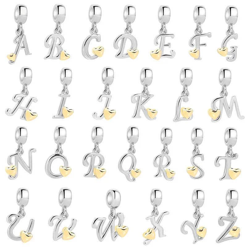925 Sterling Silver Initial A-Z Letter Charm Golden Heart Alphabet Dangle Beads for Bracelets & Necklaces