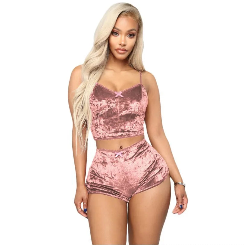 Fleece V Neck Slip Cami and Boy Short Pajama Lingerie Set for Women