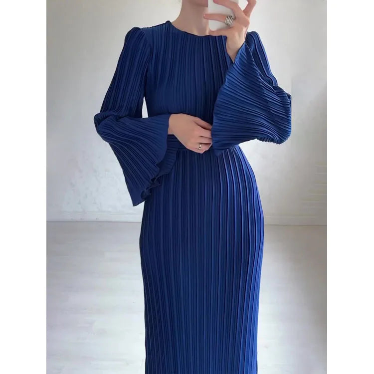 2023 Fashion Autumn Women Ruffled Casual Dress Elegant Long Sleeve O Collar Pleated Slim Loose With Belt Office Dress