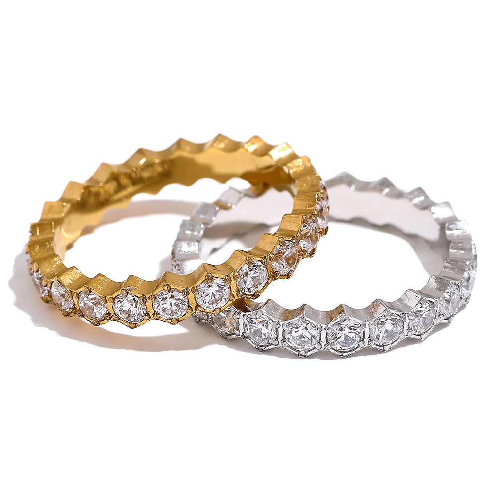 JINYOU 7021 Exquisite White Cubic Zirconia Bling Stainless Steel Classic Thin Chic Ring Luxury Engagement Wedding Jewelry Gift