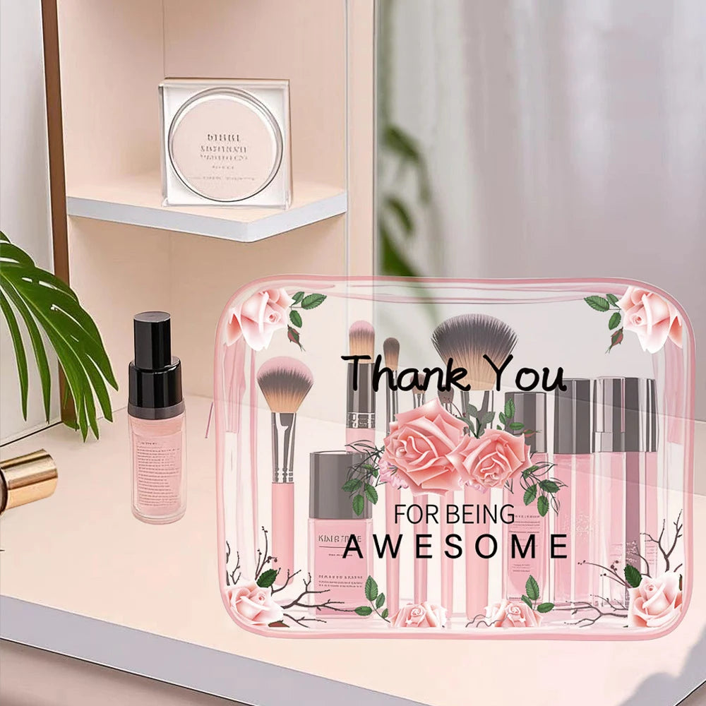 Zipper Closure Waterproof Feature Women's Travel Large Capacity Toiletry Bag PVC Clear Floral Rose Cosmetic Bag